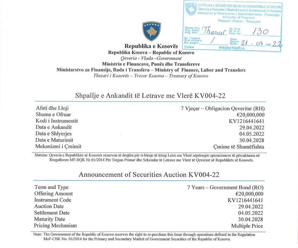 Qeveria e Kosovës  emeton Letra me Vlerë prej 20 milionë euro 